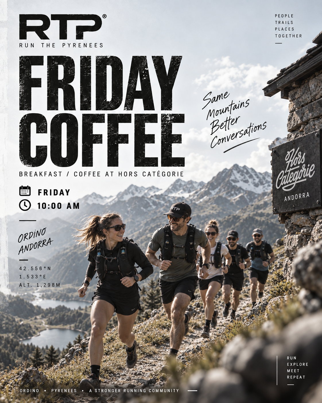 Run the Pyrenees Friday Coffee poster — breakfast and coffee at Hors Catégorie, Ordino, starting at 10:00