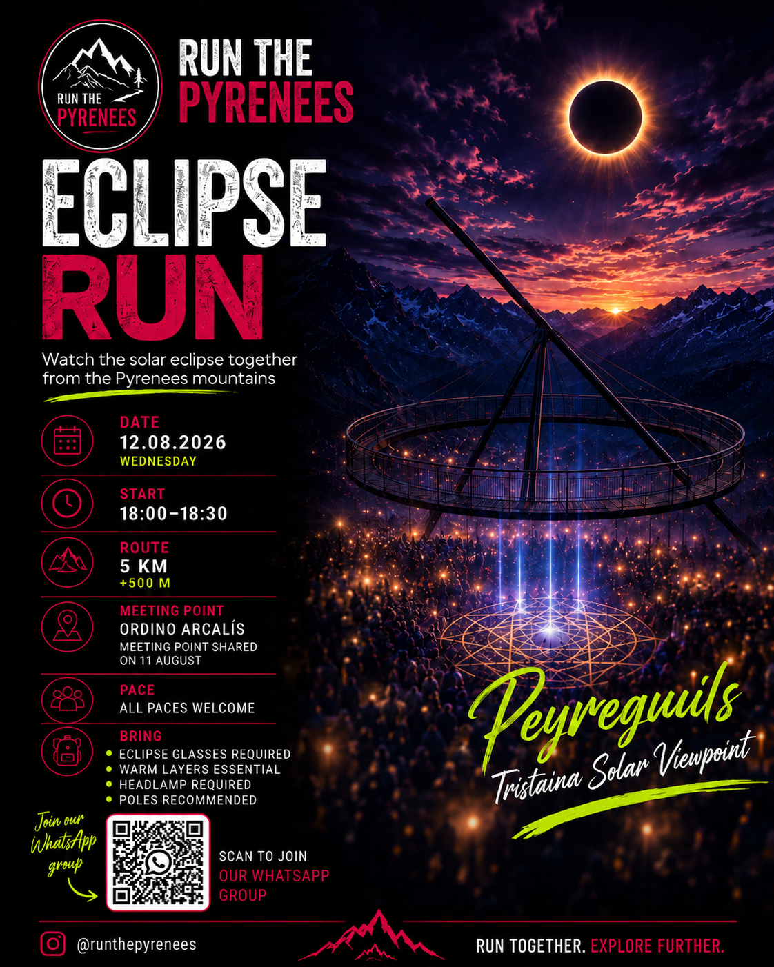 Run the Pyrenees Eclipse Run poster — Wednesday 12 August 2026, Ordino Arcalís to Peyreguils